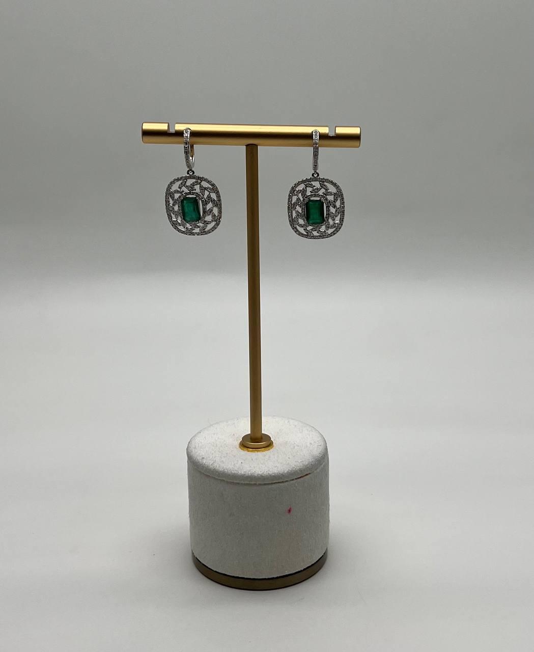 Green Emerald Diamond Lattice Halo 14K White Gold Statement Drop Earrings