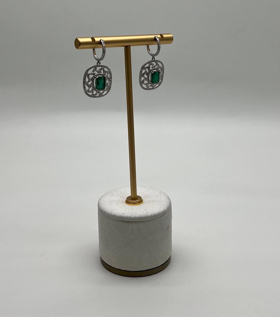Green Emerald Diamond Lattice Halo 14K White Gold Statement Drop Earrings