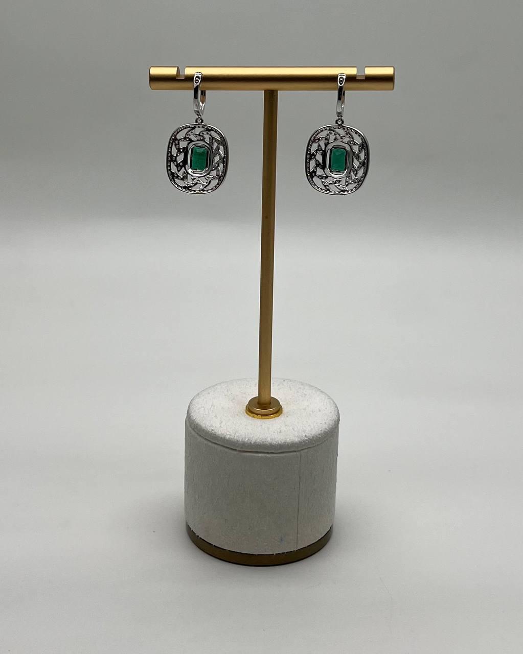 Green Emerald Diamond Lattice Halo 14K White Gold Statement Drop Earrings