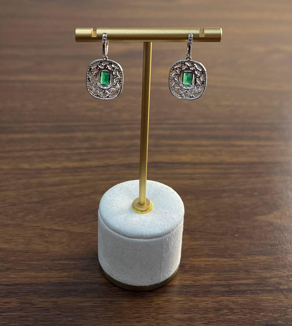 Green Emerald Diamond Lattice Halo 14K White Gold Statement Drop Earrings