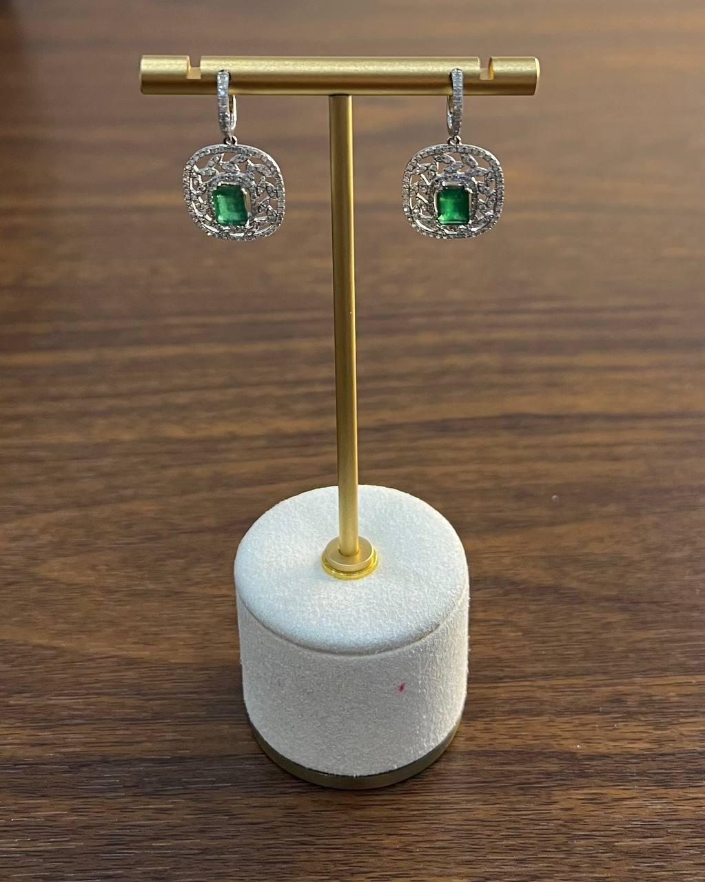 Green Emerald Diamond Lattice Halo 14K White Gold Statement Drop Earrings