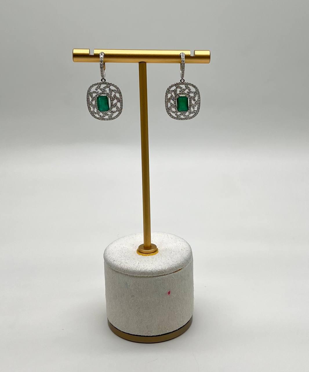 Green Emerald Diamond Lattice Halo 14K White Gold Statement Drop Earrings