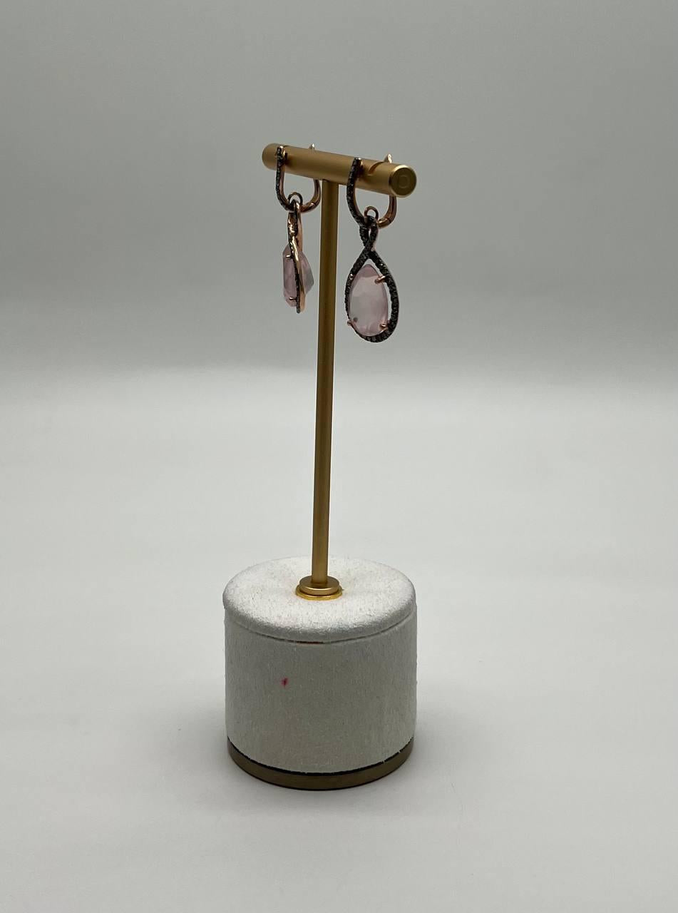 Pear Teardrop Shape Pink Rose Quartz 14K Rose Gold Diamond Halo Earrings