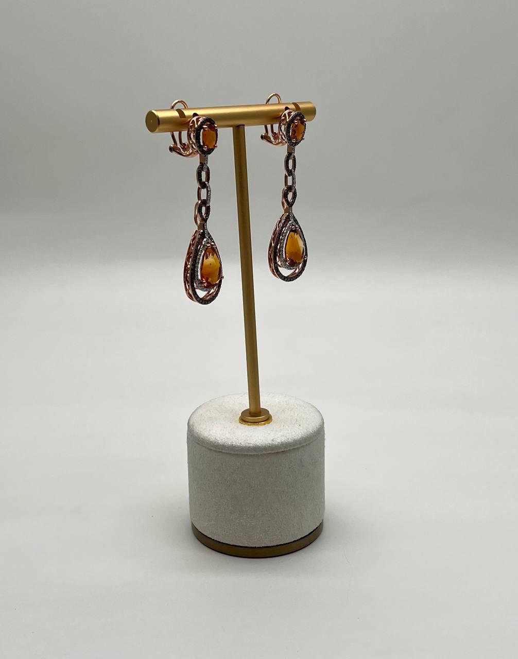 Amber Orange Citrine & Brown White Diamonds Halo Rose Gold Statement Earrings