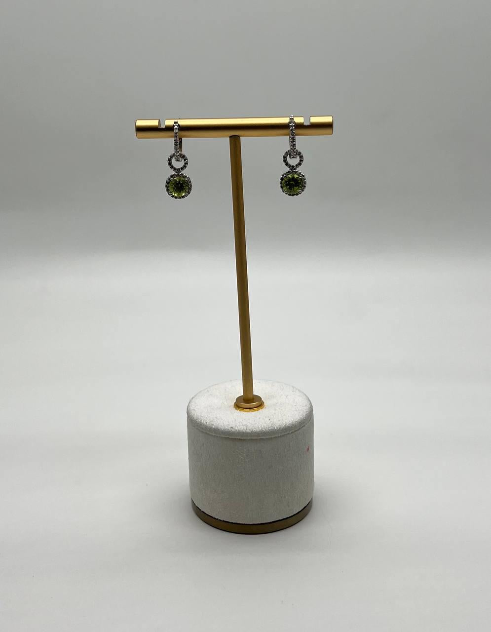 Green Peridot White Diamonds 14K White Gold Statement Huggie Earrings