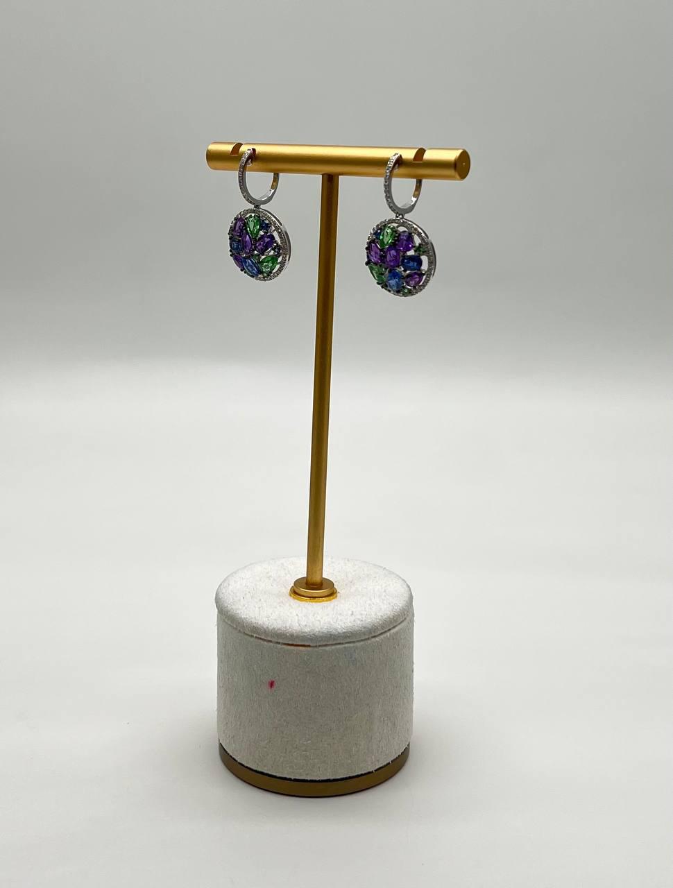 Purple Amethyst Green Tsavorite Blue Sapphire Black Diamonds White Gold Earrings