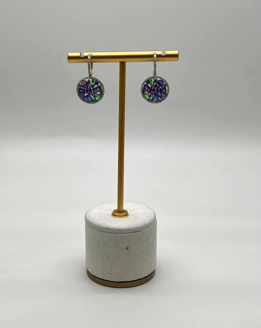 Purple Amethyst Blue Sapphire Green Tsavorite Diamonds 14K White Gold Earrings