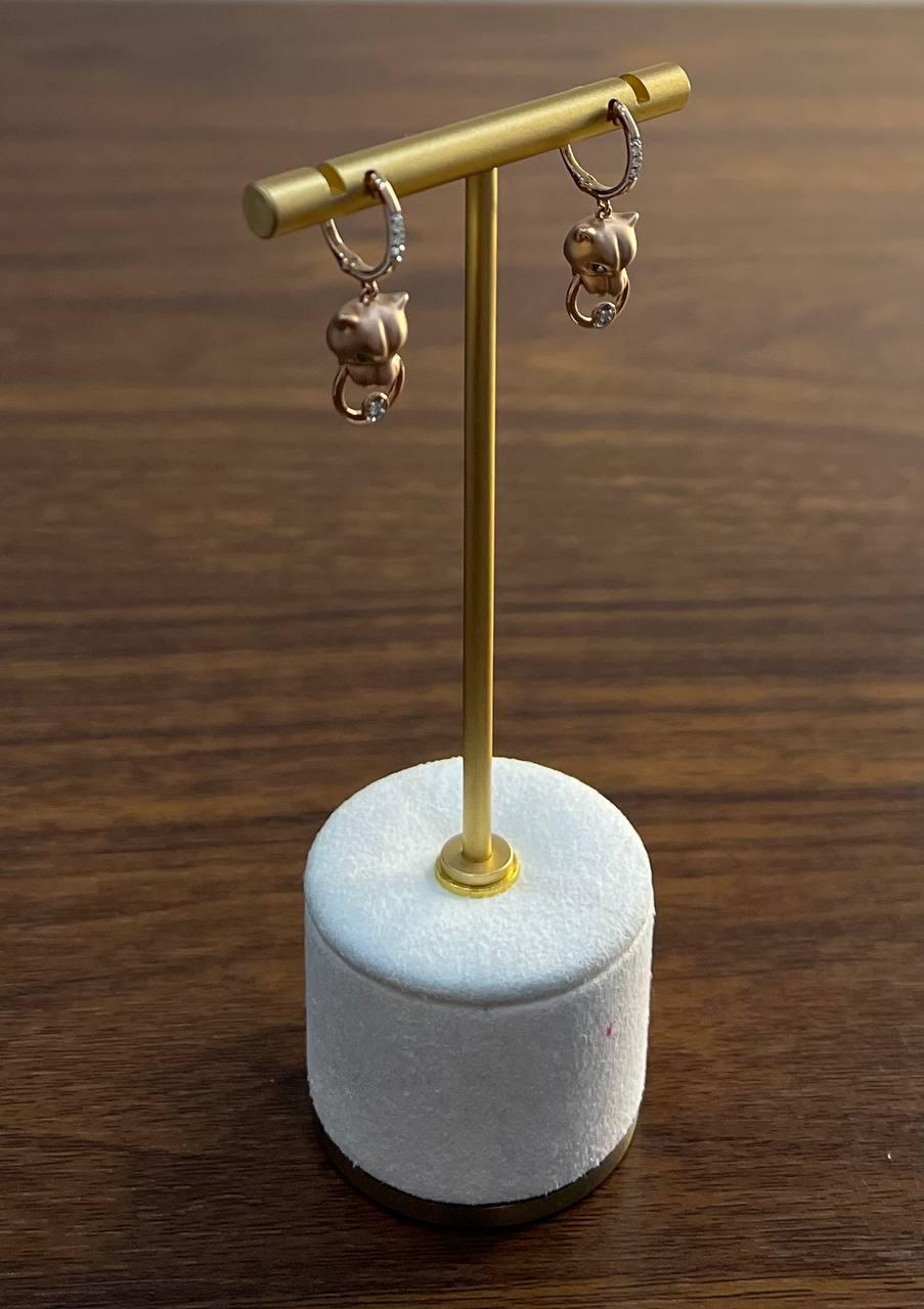 Panther Lioness Leopard Diamond 14K Rose Gold Statement Dangle Emerald Earrings