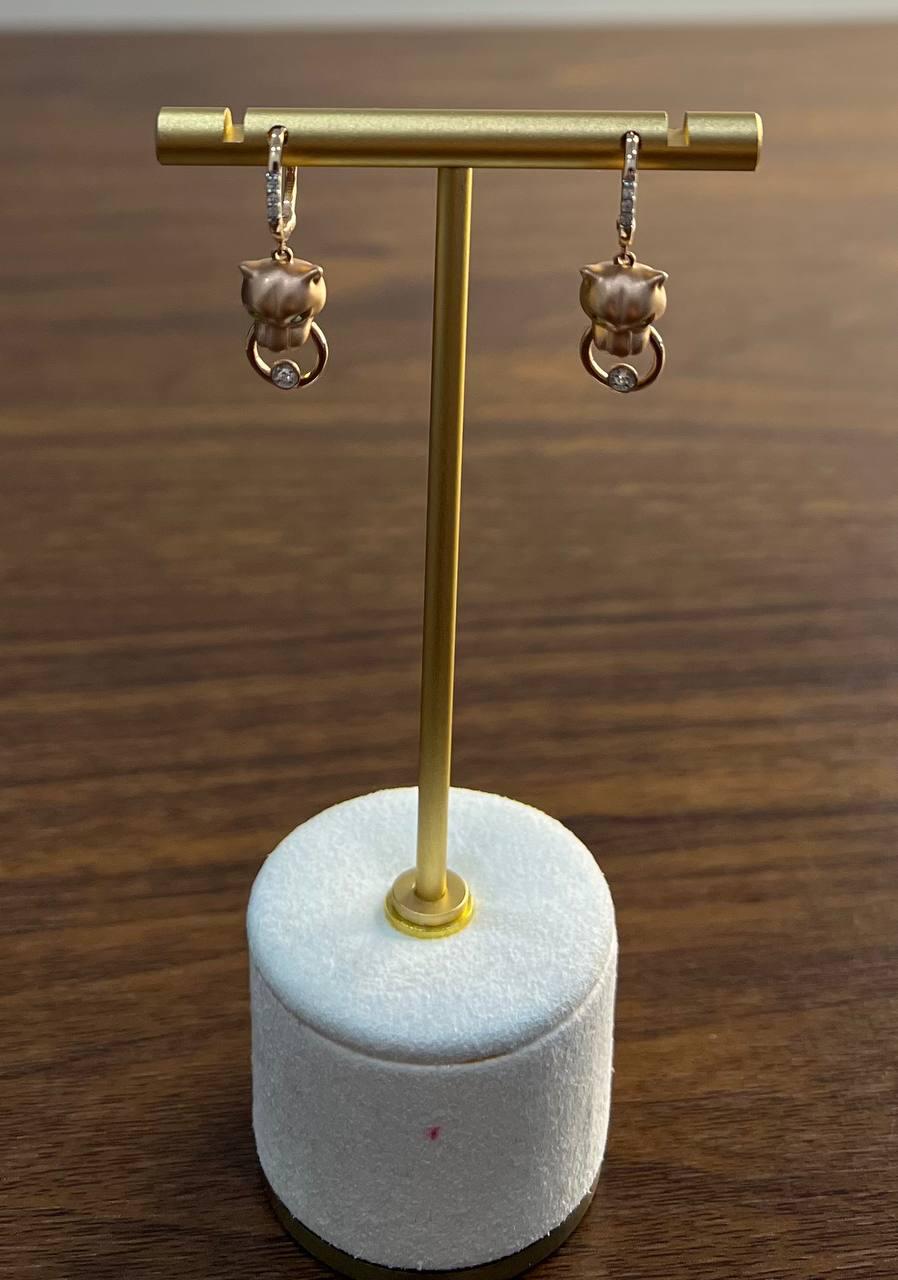 Panther Lioness Leopard Diamond 14K Rose Gold Statement Dangle Emerald Earrings