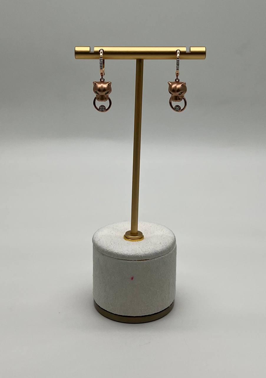 Panther Lioness Leopard Diamond 14K Rose Gold Statement Dangle Emerald Earrings