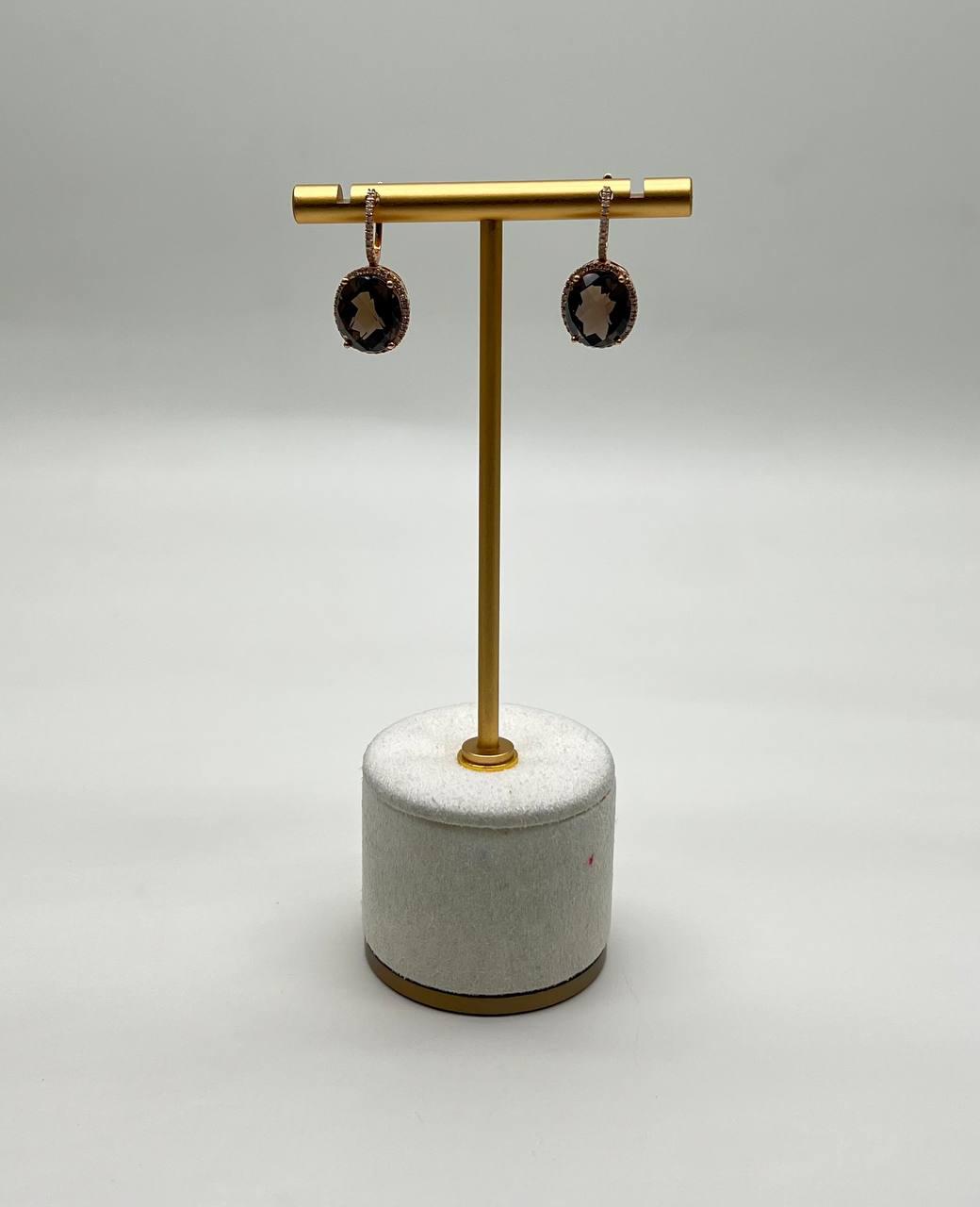 Brown Smoky Quartz Oval Shape Diamond Halo 14K Yellow Gold Dangle Drop Earrings