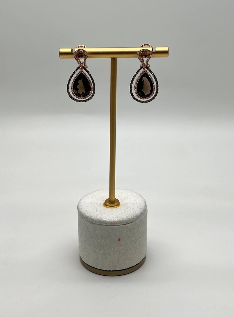 Orange Amber Citrines Brown Smoky Quartz 14K Yellow Gold Diamond Halo Earrings