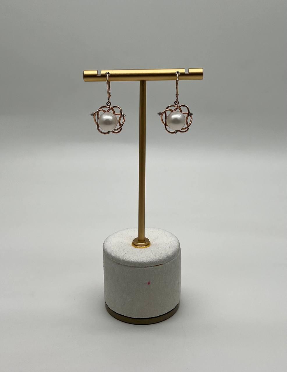 Round White Pearl 14K Yellow Gold Dangle Drop Earrings