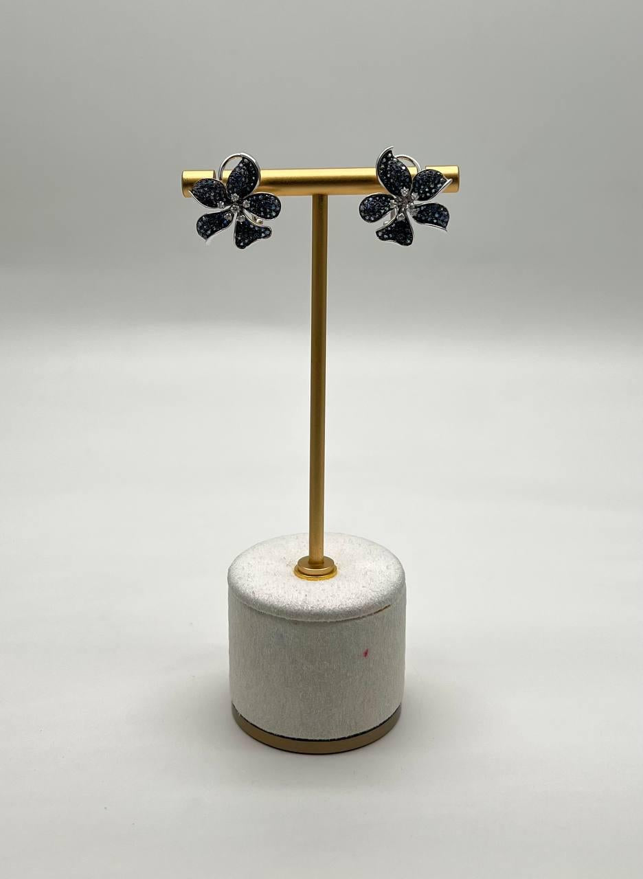 Light Dark Blue Sapphire & Diamond Pave 14K White Gold Floral Flower Earrings