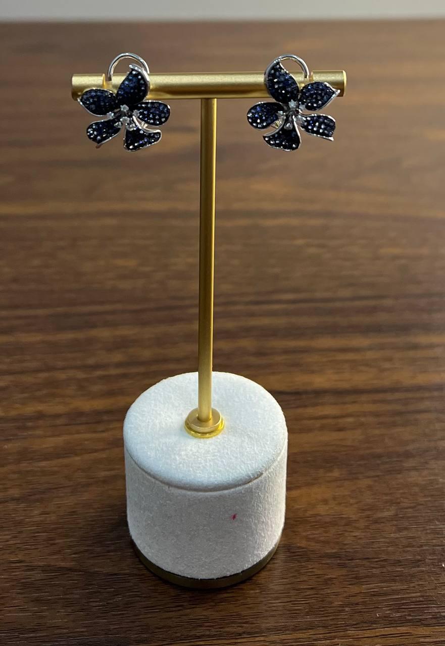 Light Dark Blue Sapphire & Diamond Pave 14K White Gold Floral Flower Earrings