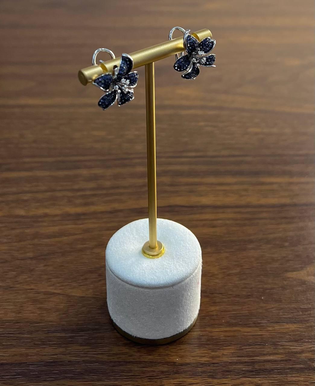 Light Dark Blue Sapphire & Diamond Pave 14K White Gold Floral Flower Earrings