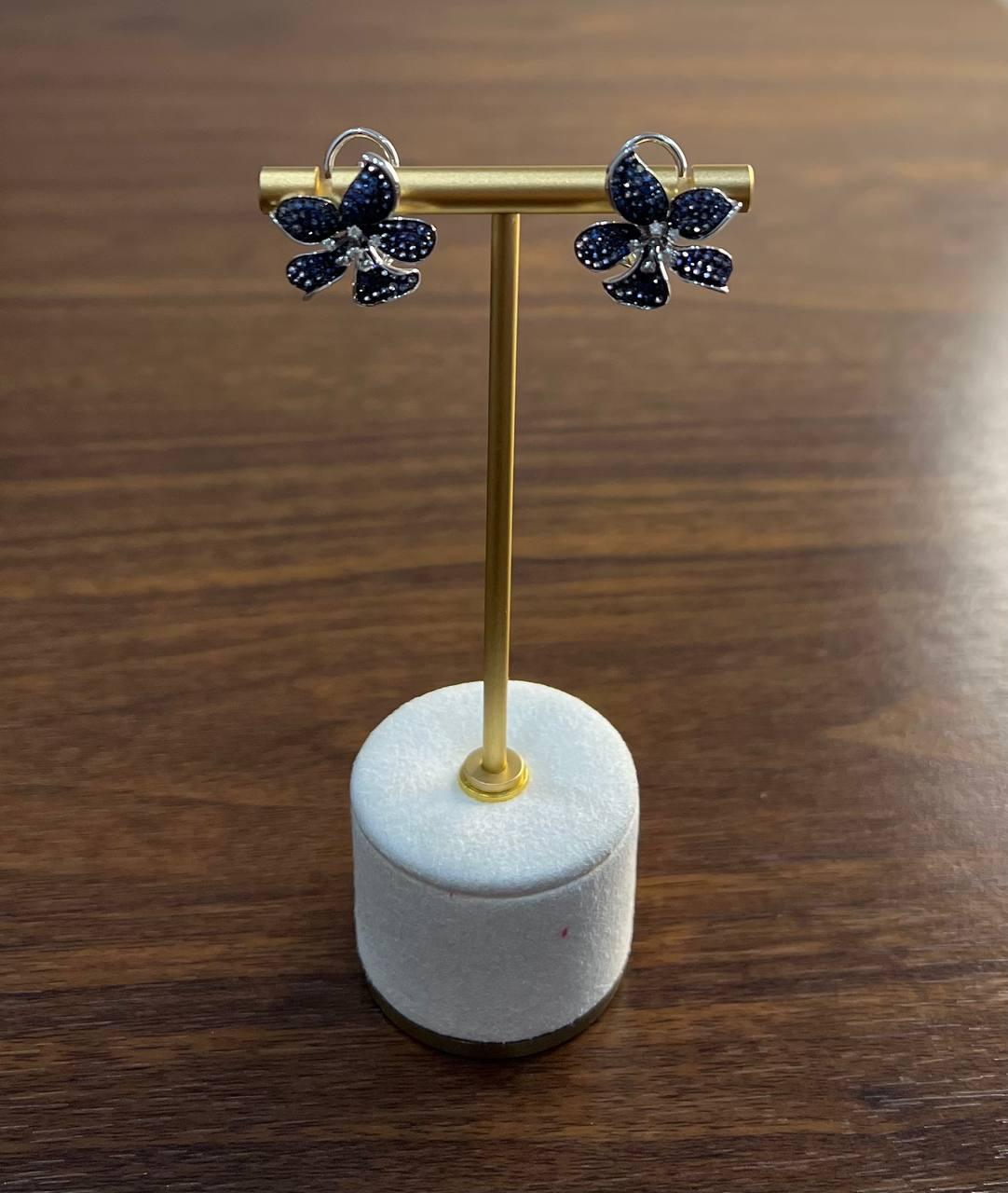 Light Dark Blue Sapphire & Diamond Pave 14K White Gold Floral Flower Earrings