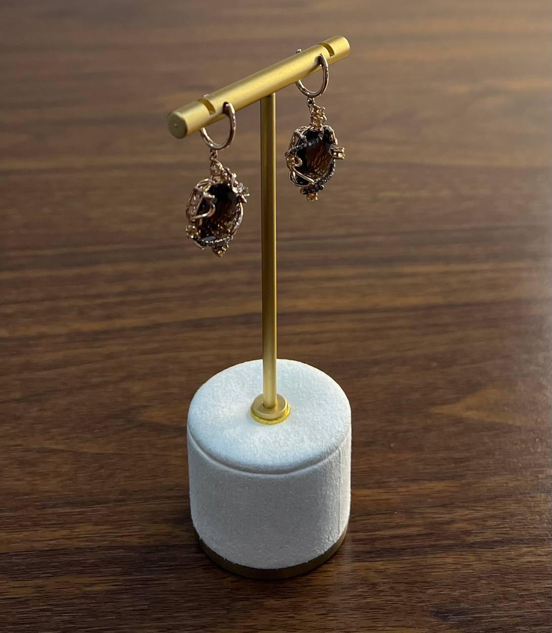 Oval Shape Brown Smoky Quartz 14K Rose Gold Diamond Halo Citrine Earrings
