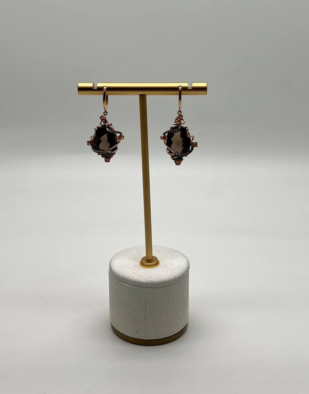 Oval Shape Brown Smoky Quartz 14K Rose Gold Diamond Halo Citrine Earrings