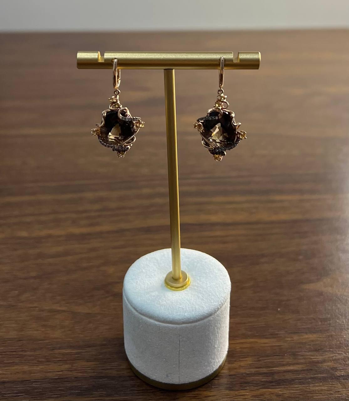 Oval Shape Brown Smoky Quartz 14K Rose Gold Diamond Halo Citrine Earrings