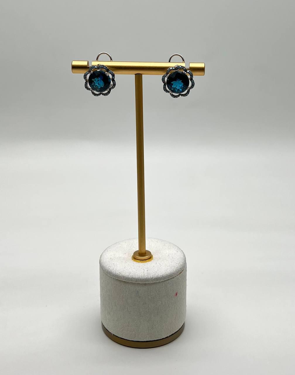 London Blue Topaz Diamond Floral Flower Halo 14K White Gold Statement Earrings