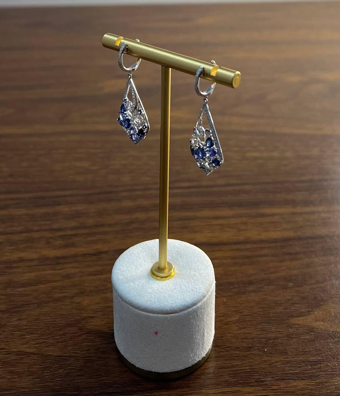 Blue Sapphire Topaz Diamond Pave Fancy 14K White Gold Dangle Statement Earrings