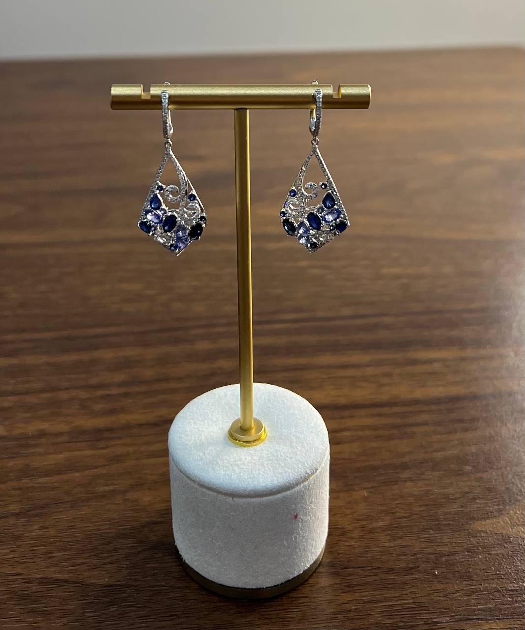 Blue Sapphire Topaz Diamond Pave Fancy 14K White Gold Dangle Statement Earrings