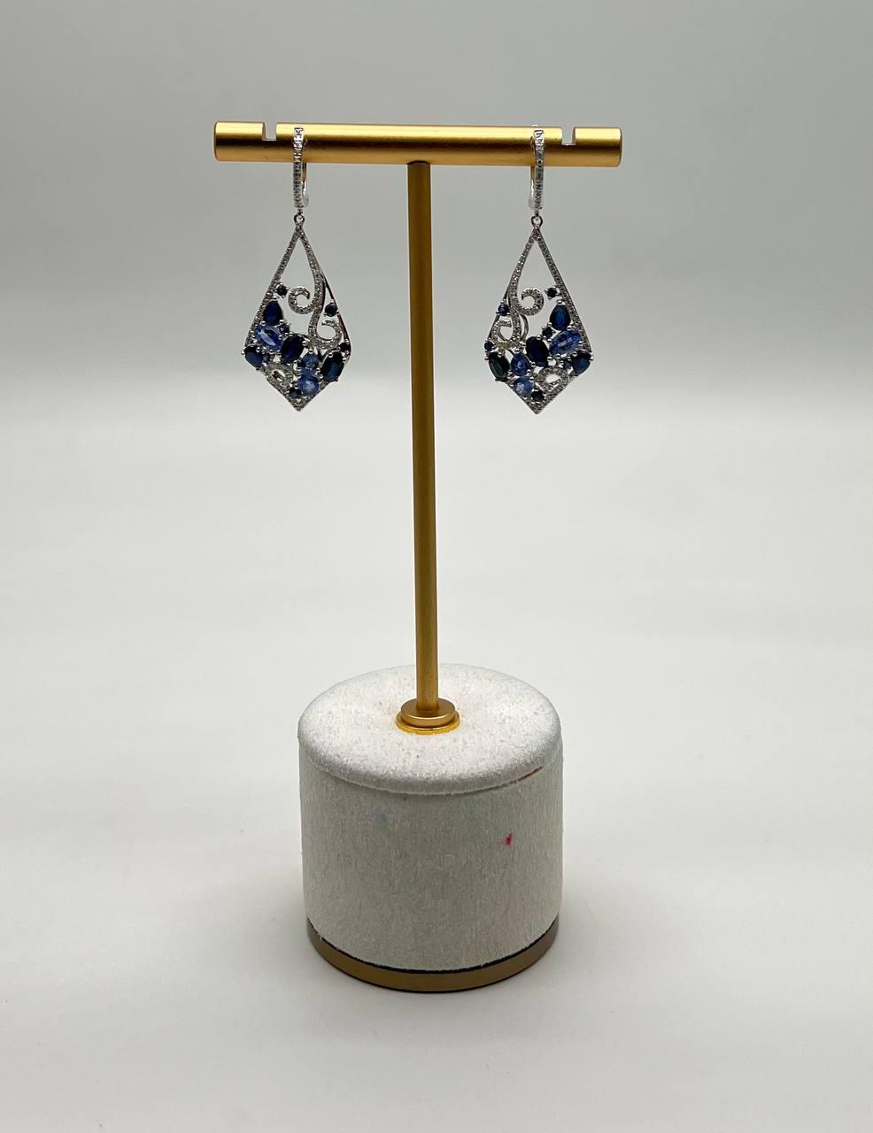 Blue Sapphire Topaz Diamond Pave Fancy 14K White Gold Dangle Statement Earrings