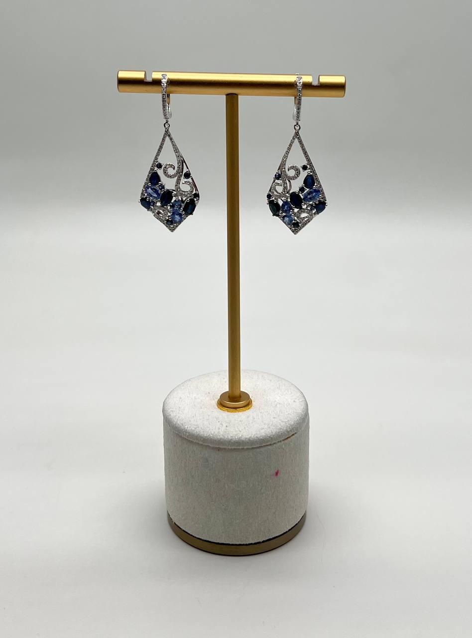 Blue Sapphire Topaz Diamond Pave Fancy 14K White Gold Dangle Statement Earrings
