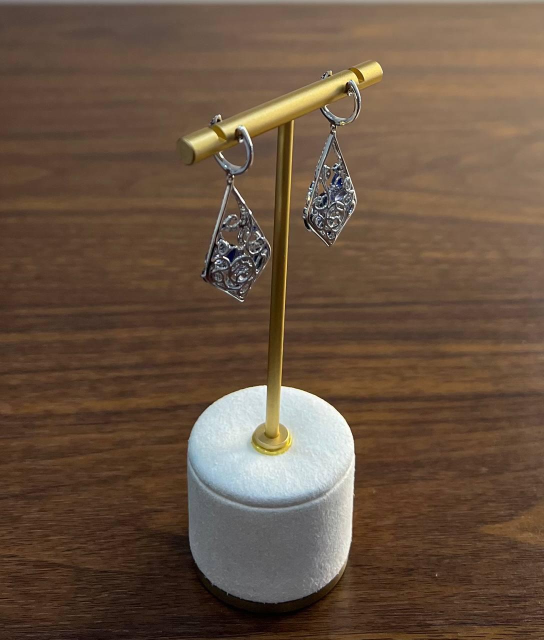 Blue Sapphire Topaz Diamond Pave Fancy 14K White Gold Dangle Statement Earrings