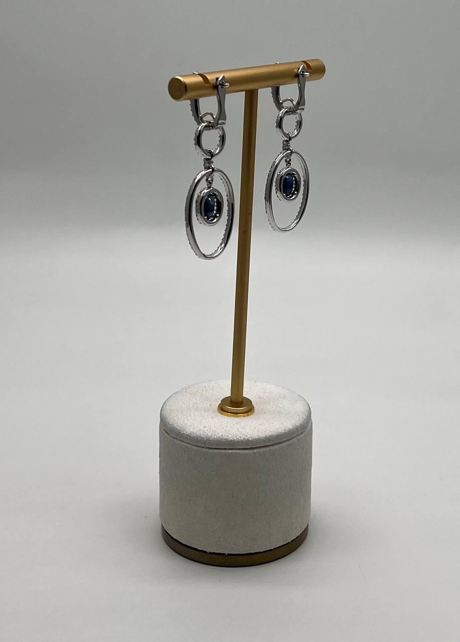 Oval Shape Blue Sapphire 14K White Gold Diamond Halo Drop Statement Earrings