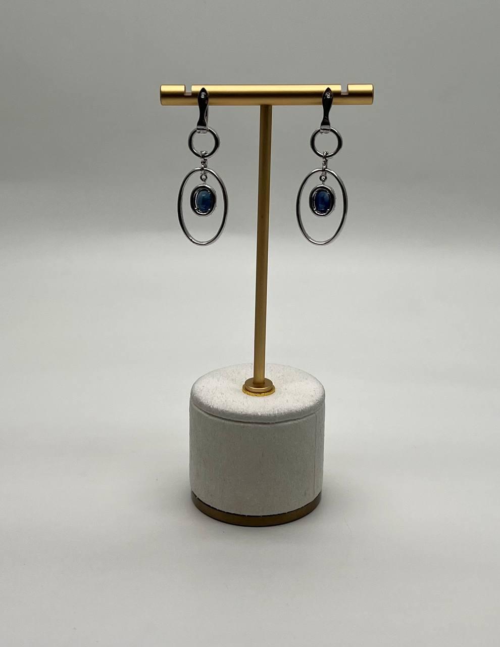 Oval Shape Blue Sapphire 14K White Gold Diamond Halo Drop Statement Earrings