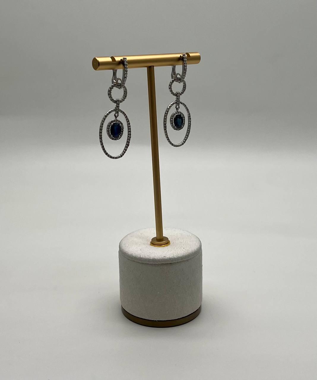 Oval Shape Blue Sapphire 14K White Gold Diamond Halo Drop Statement Earrings