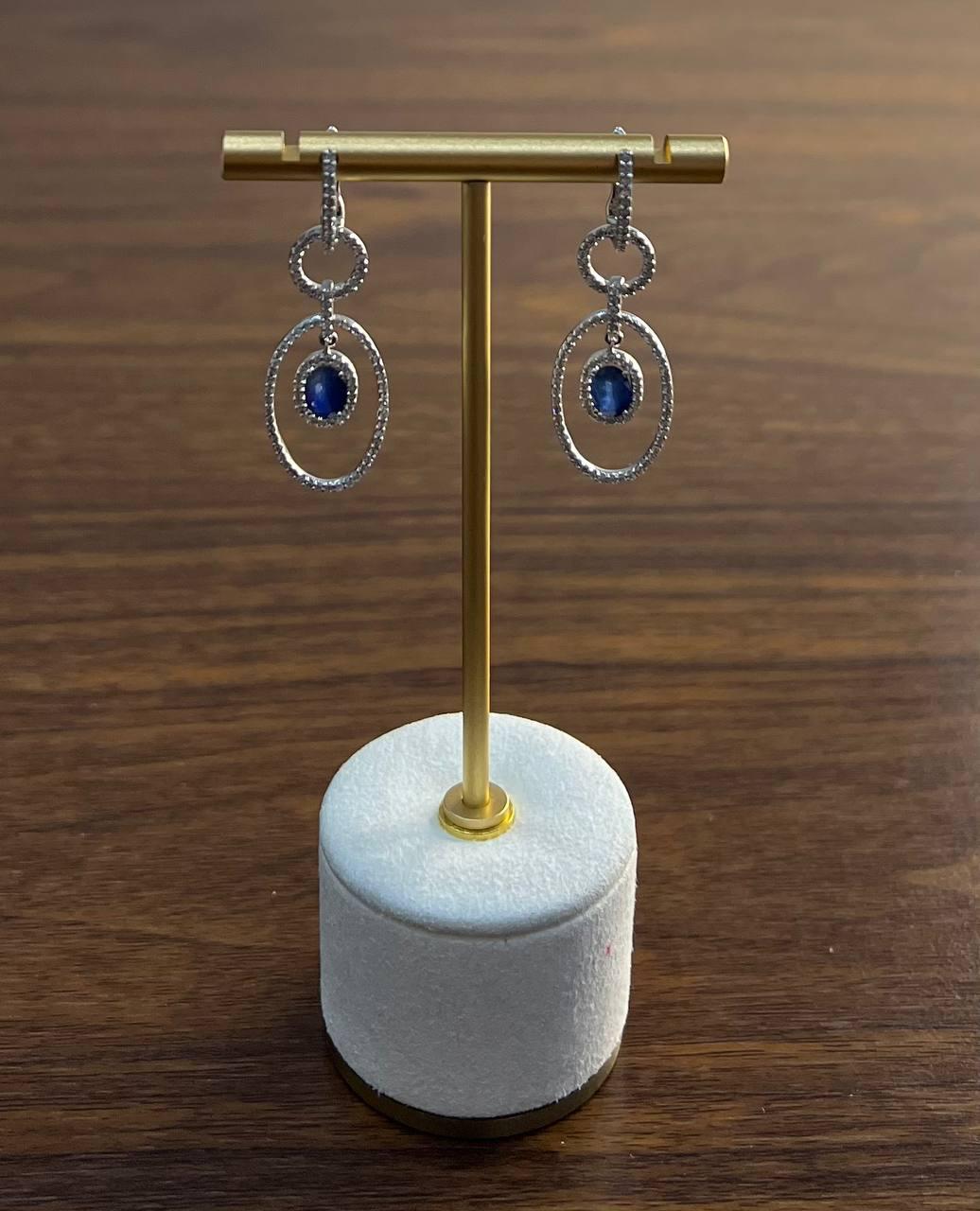 Oval Shape Blue Sapphire 14K White Gold Diamond Halo Drop Statement Earrings