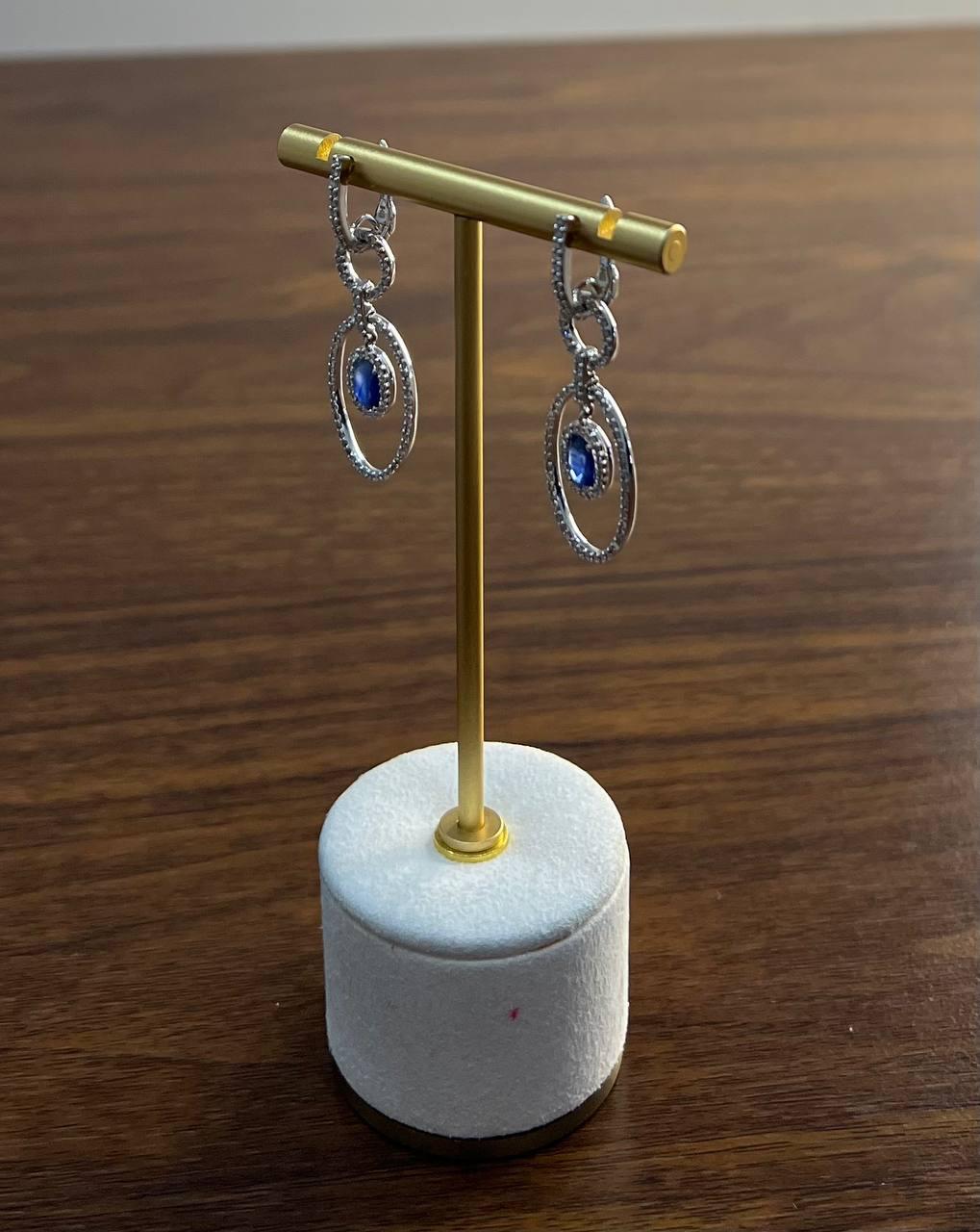 Oval Shape Blue Sapphire 14K White Gold Diamond Halo Drop Statement Earrings