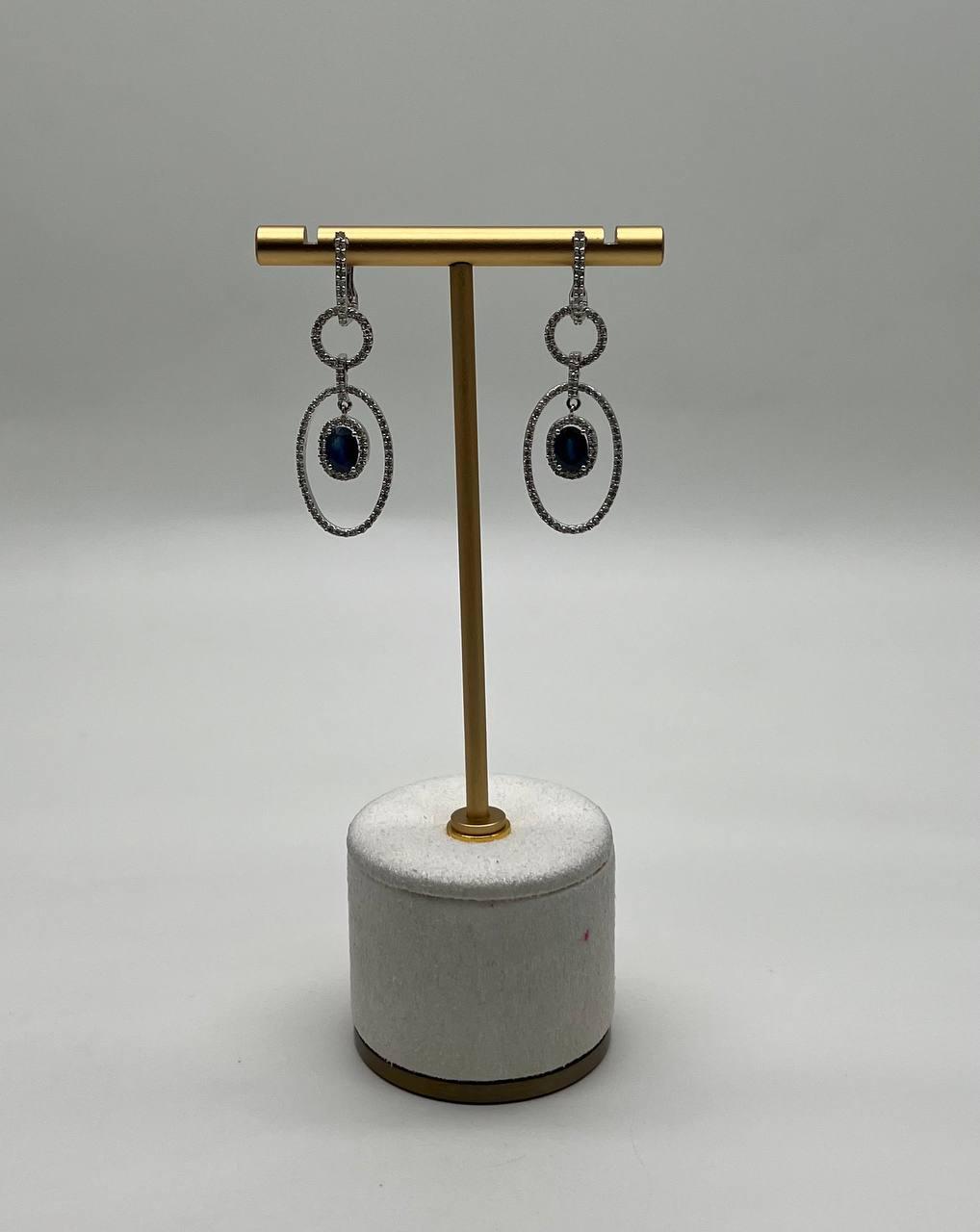 Oval Shape Blue Sapphire 14K White Gold Diamond Halo Drop Statement Earrings