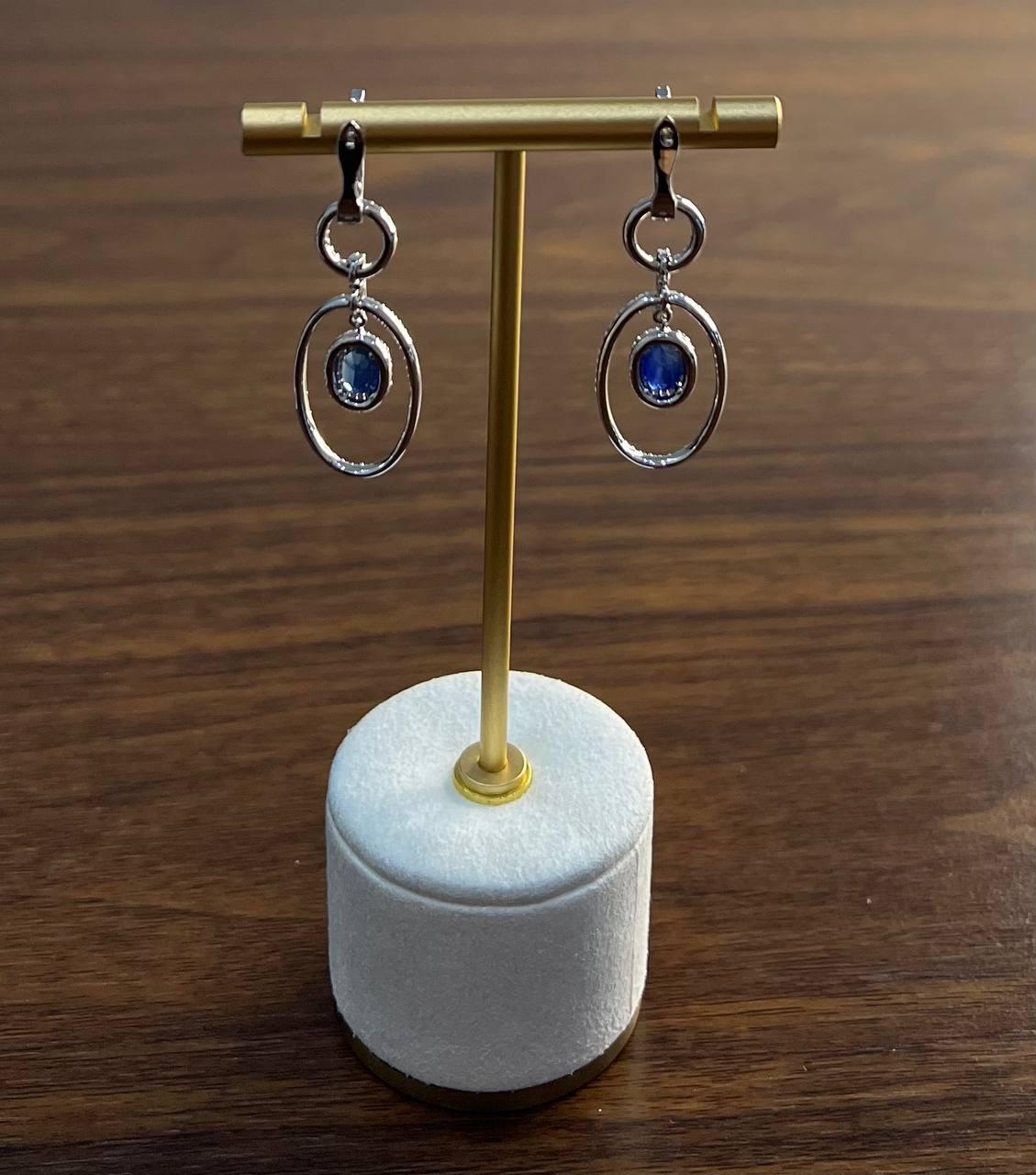 Oval Shape Blue Sapphire 14K White Gold Diamond Halo Drop Statement Earrings