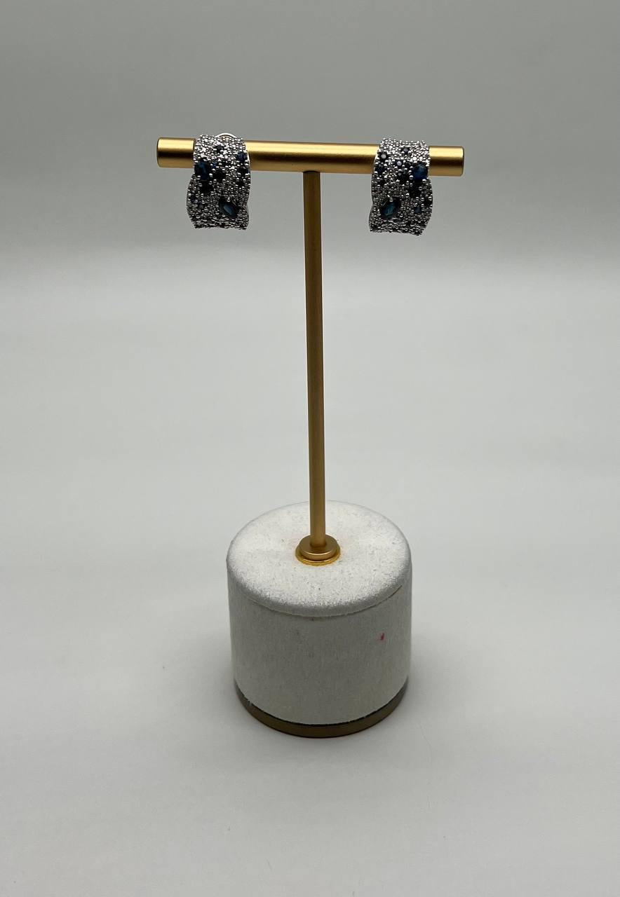 Blue Sapphires White Diamonds Cluster Pave Set 14K White Gold Huggie Earrings