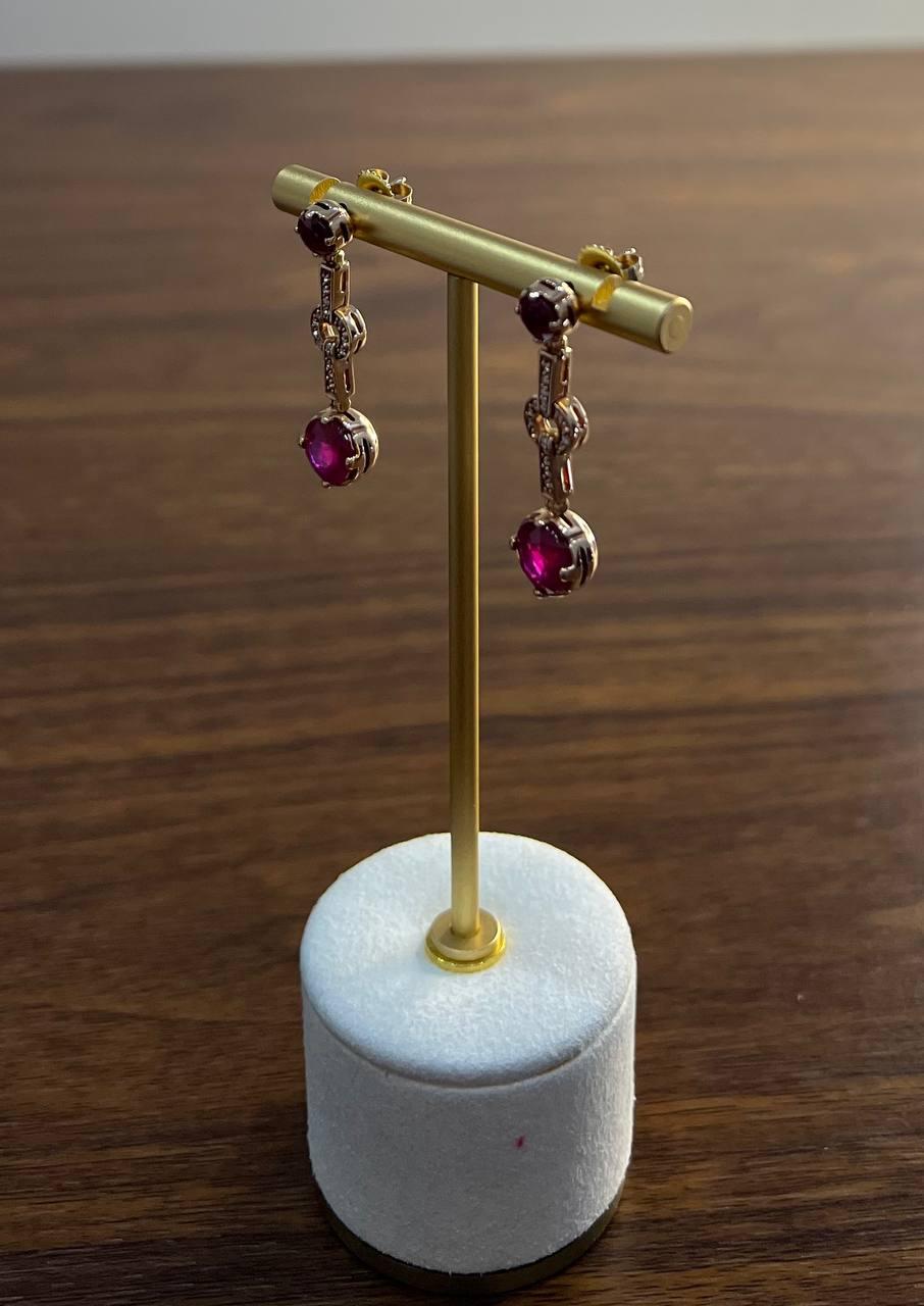 Round Red Pink Ruby Diamond 14K Rose Gold Statement Drop Dangle Earrings