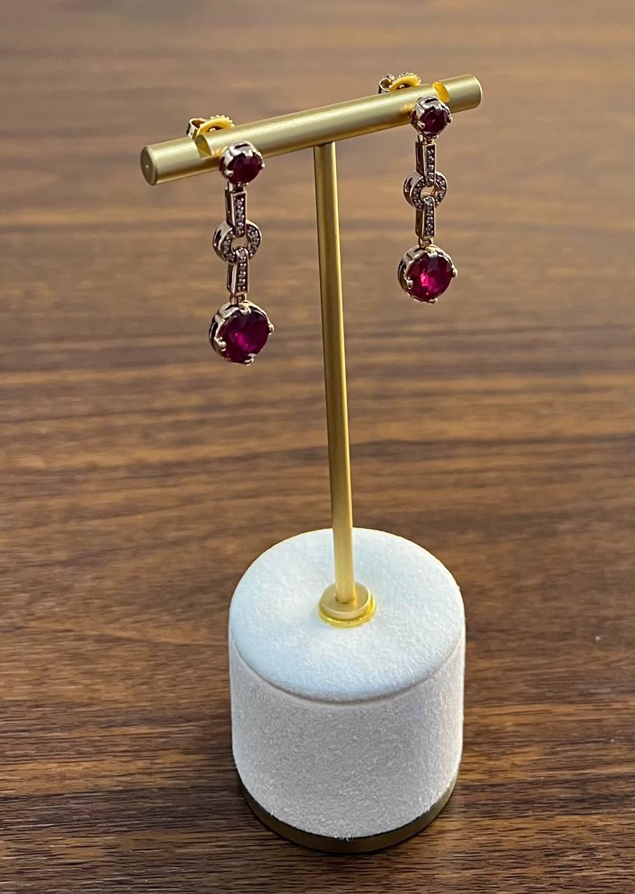 Round Red Pink Ruby Diamond 14K Rose Gold Statement Drop Dangle Earrings