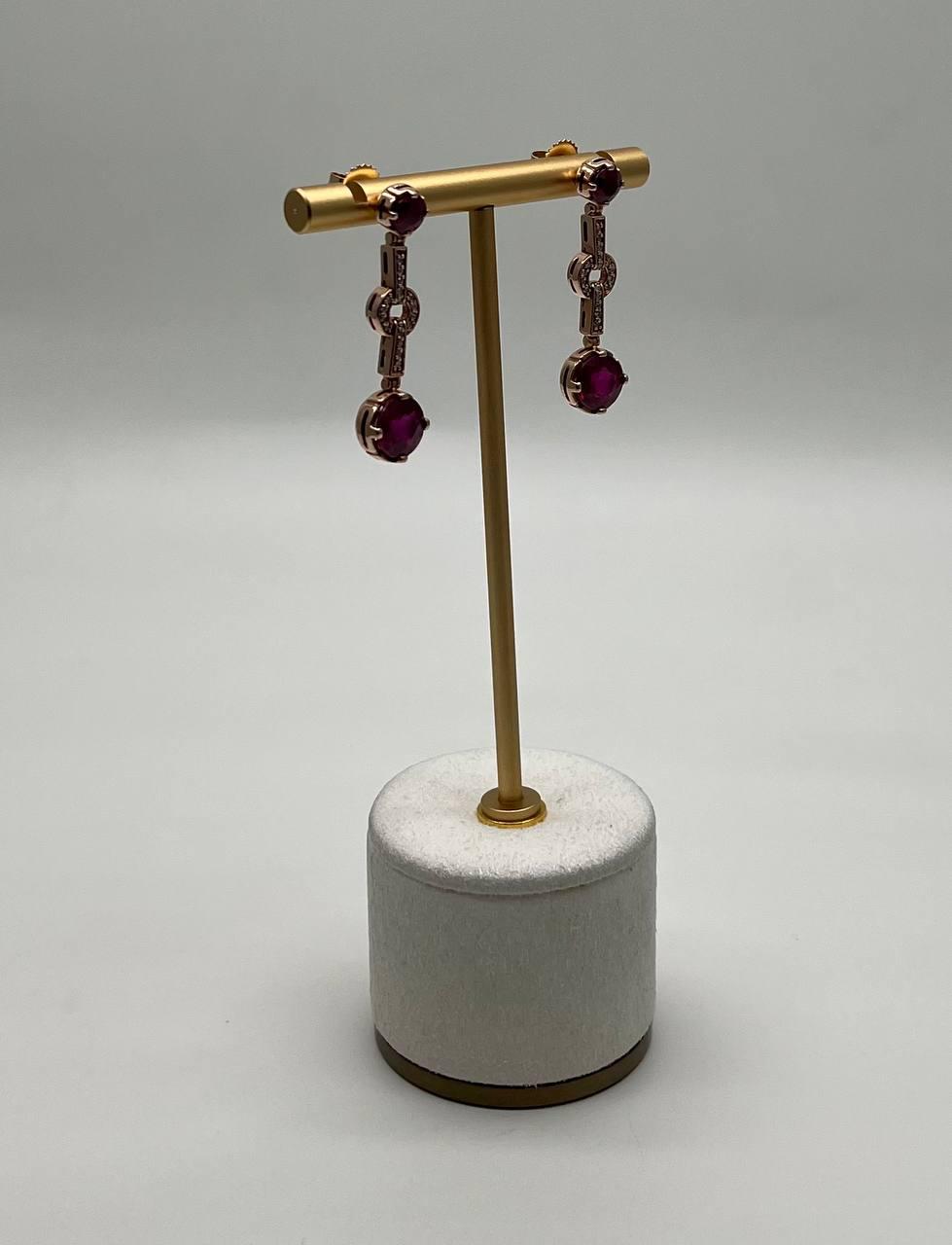 Round Red Pink Ruby Diamond 14K Rose Gold Statement Drop Dangle Earrings