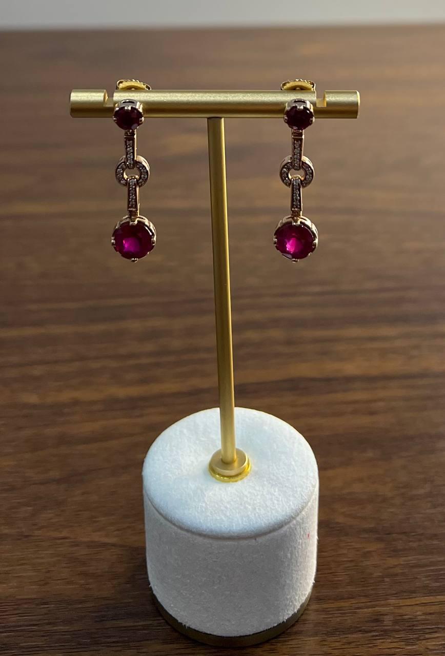 Round Red Pink Ruby Diamond 14K Rose Gold Statement Drop Dangle Earrings