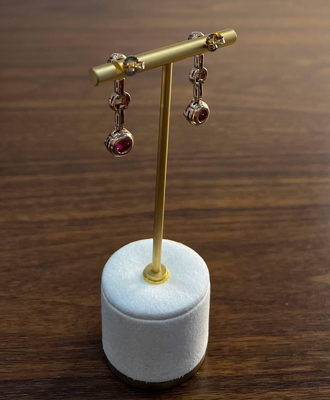 Round Red Pink Ruby Diamond 14K Rose Gold Statement Drop Dangle Earrings