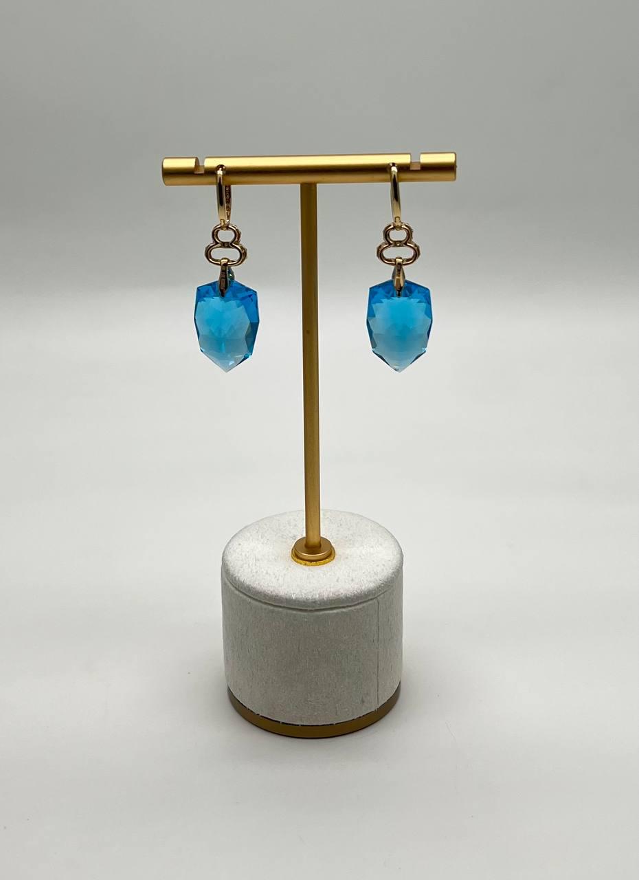 Shield Kite Shape Swiss Blue Topaz Diamond Accent 14K Yellow Gold Drop Earrings