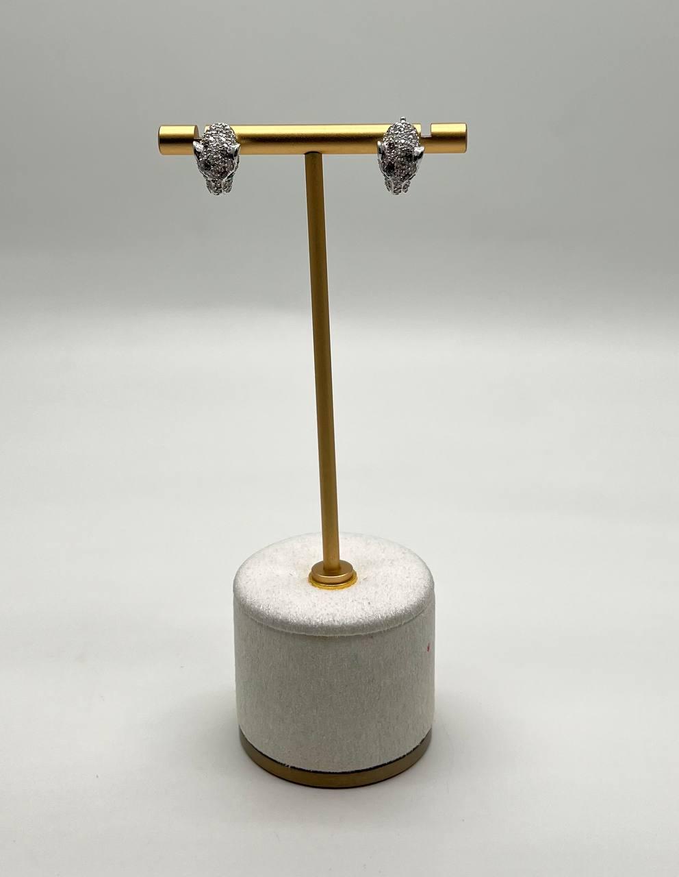 White Snow Leopard Panther Diamond Pave Set 14K White Gold Emerald Earrings