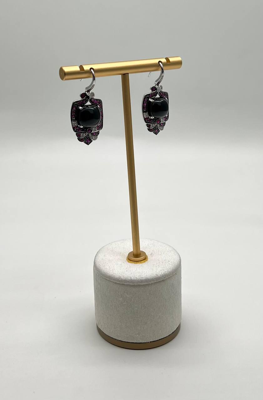 Black Onyx Red Pink Ruby White Diamonds Halo Set 14K White Gold Earrings