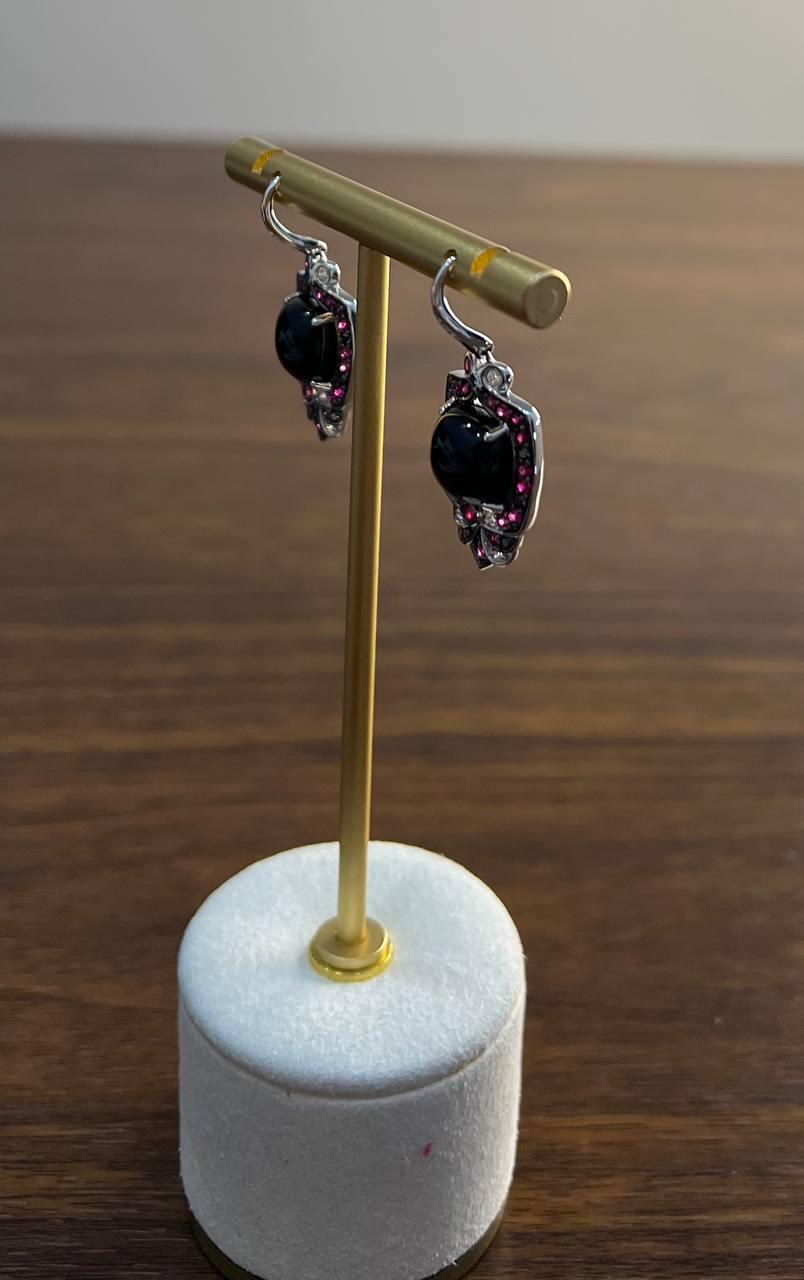 Black Onyx Red Pink Ruby White Diamonds Halo Set 14K White Gold Earrings