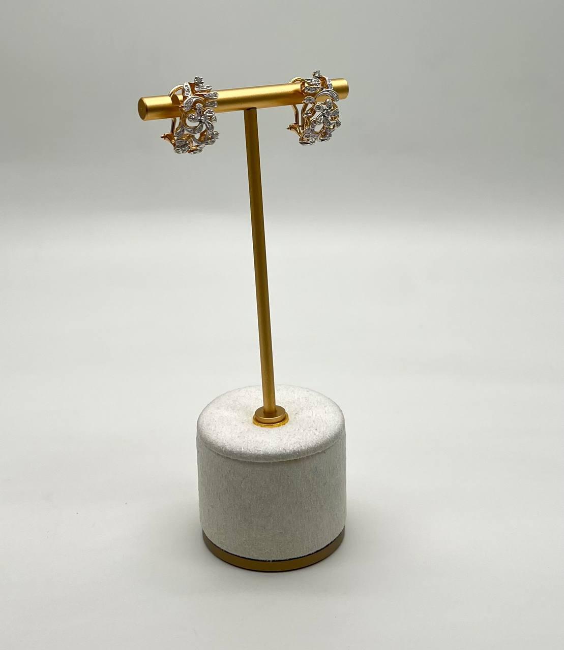 Diamond Floral Scroll Motifs  14K Yellow Gold Statement Huggie Hinged Earrings