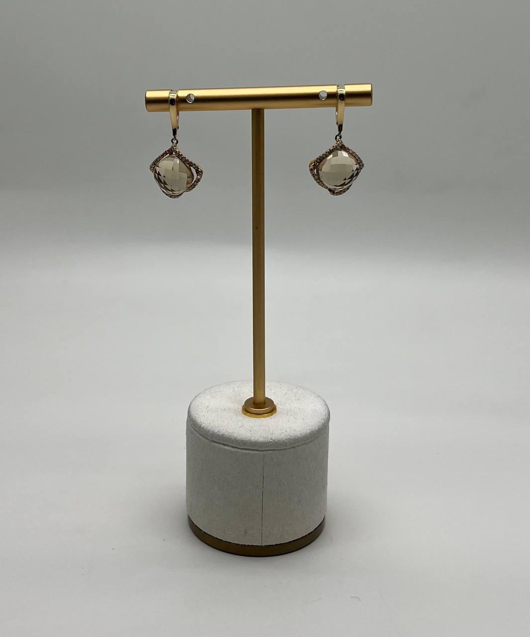 Lemon Quartz Checkerboard Diamond Halo 14K Yellow Gold Statement Earrings