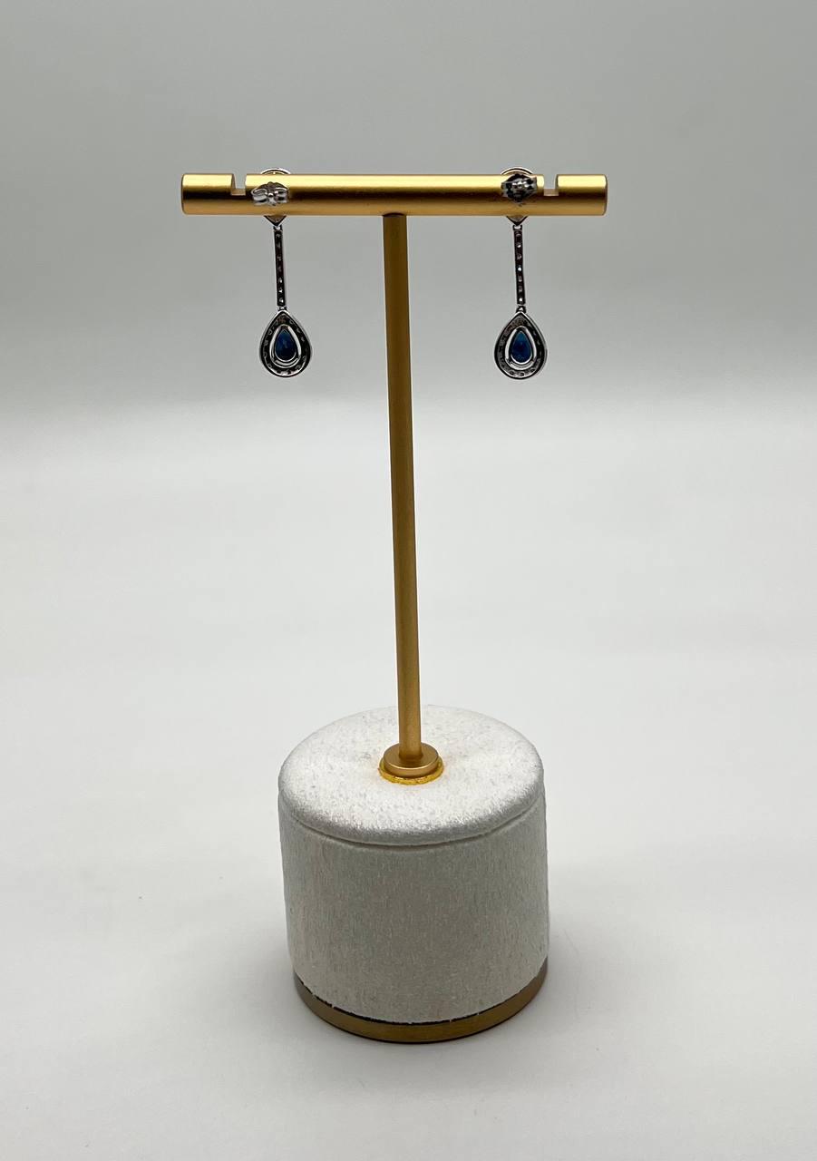 Pear Teardrop Shape Blue Sapphire Diamond Halo 14K White Gold Drop Earrings